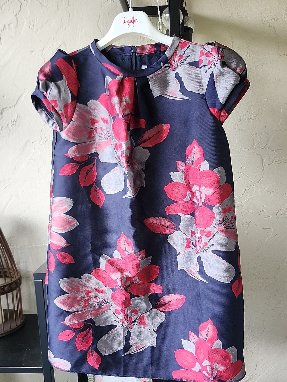 Il Gufo Navy Floral Girls' Dress with Pink Bloom